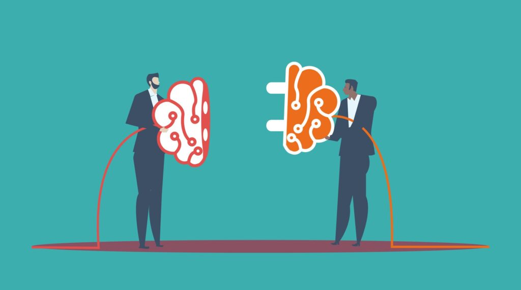 The Cyber Scheme brand image depicting two people connecting a plug shaped like a brain