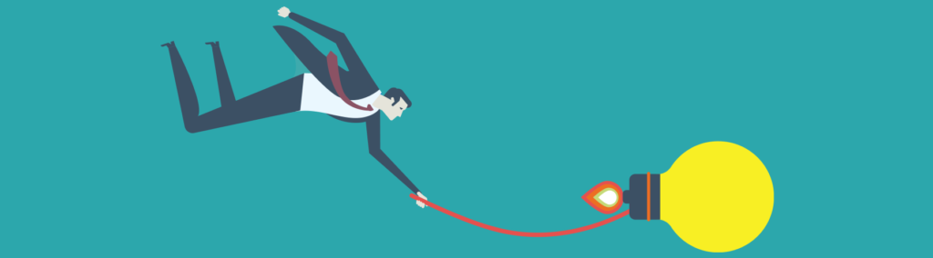 The Cyber Scheme brand image depicting a man flying through the air holding a lightbulb