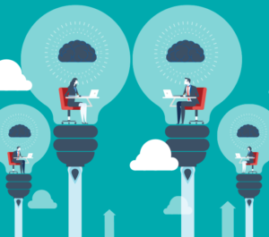 brand image for The Cyber Scheme depicting people sitting inside lightbulbs with laptops