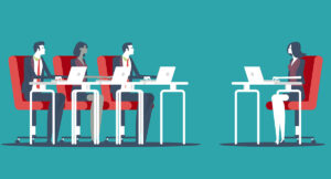 meeting chaired by woman with laptop cyber security