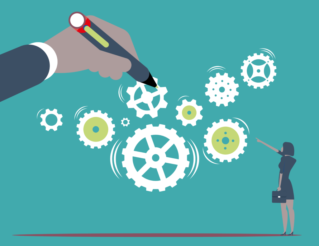 woman looking at cogs with pen pointing at them