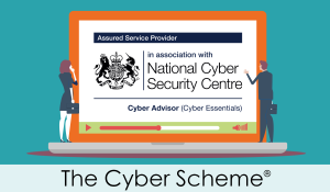 Cyber advisor ncsc logo in laptop graphic with with business people